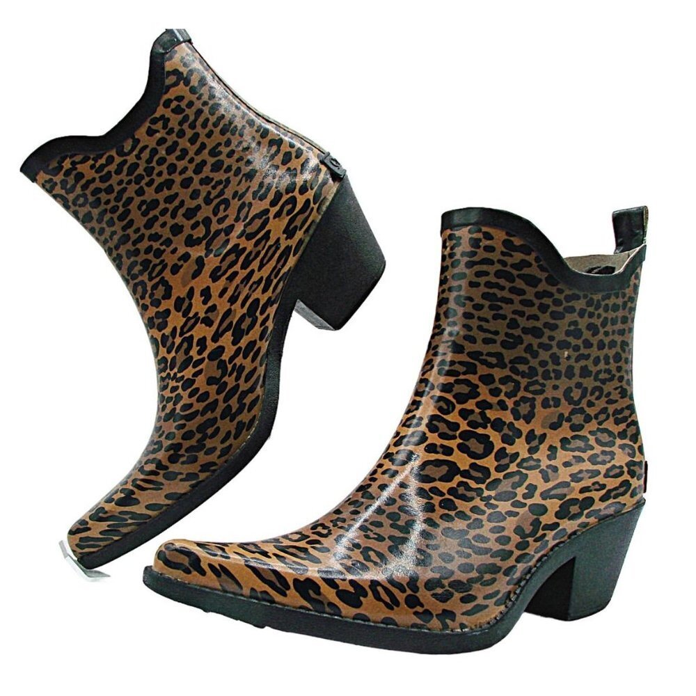 CORKYS Womens Girls Black Brown Leopard Print Cowgirl Ankle Rainboots Size US 5